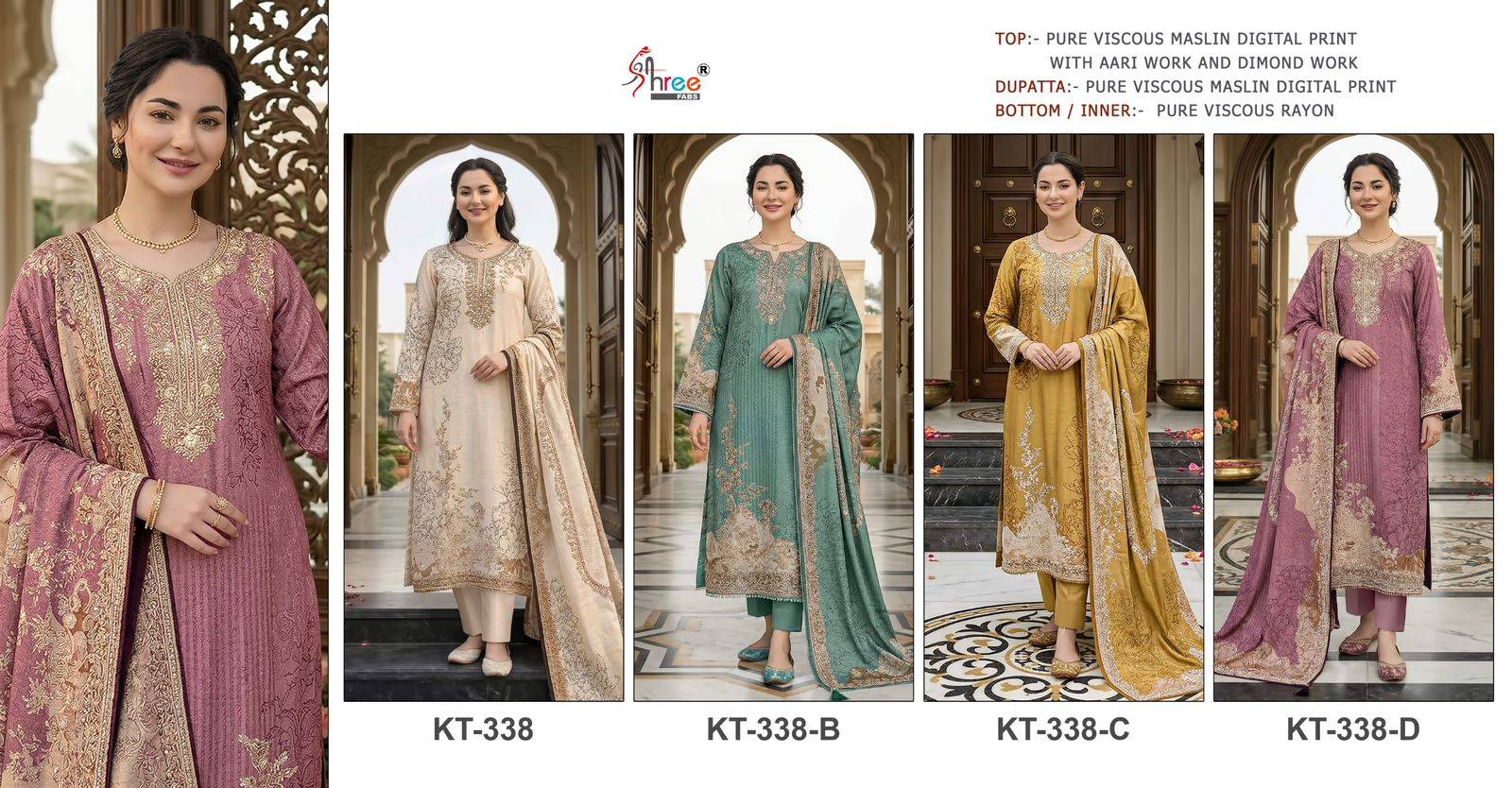 KT – 338 BY Shree Fabs 338 A TO 338 D SERIES Pakistani Stylish Embroidered Pure viscous Dresses At Wholesale Price